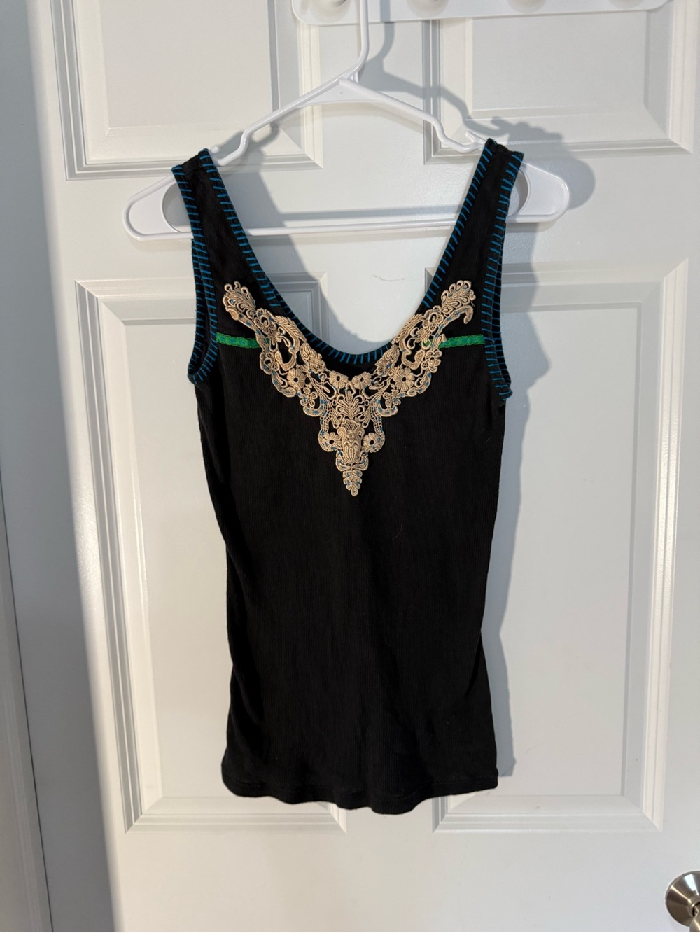 Vintage Free People Black Ribbed Tank Top Lace Embroidered Applique Boho Y2K